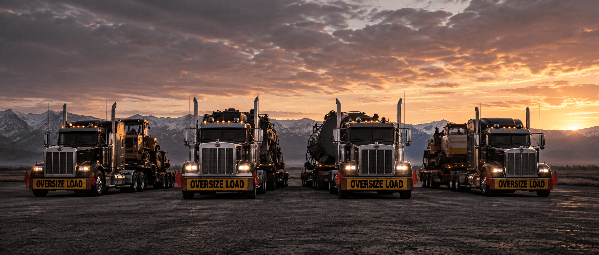 AKM Transportation heavy-haul trucks lined up at sunset